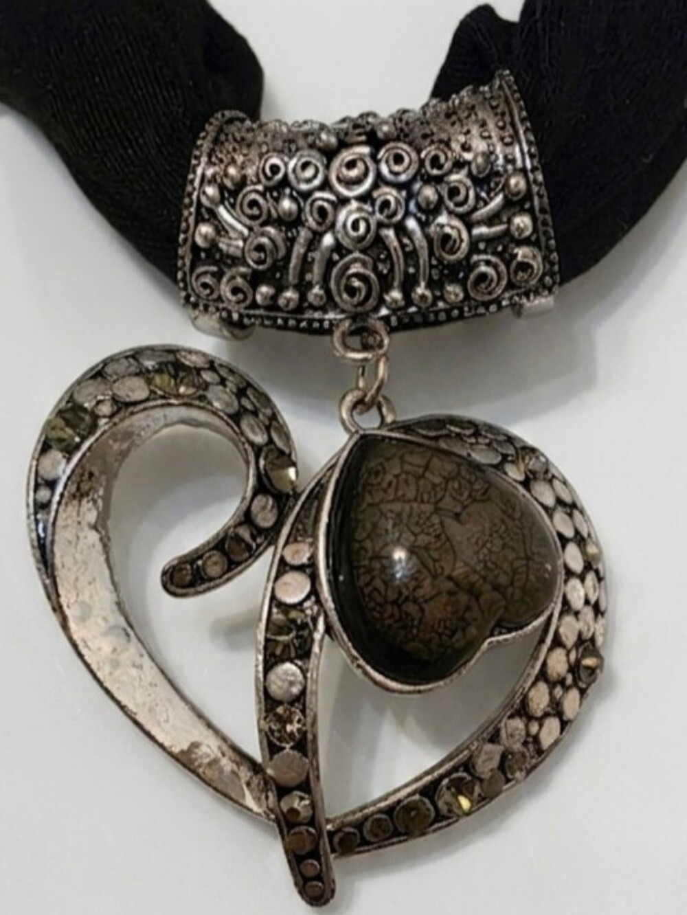 Silvertone Pendant Necklace Heart Shaped Marked GB Brighton Style